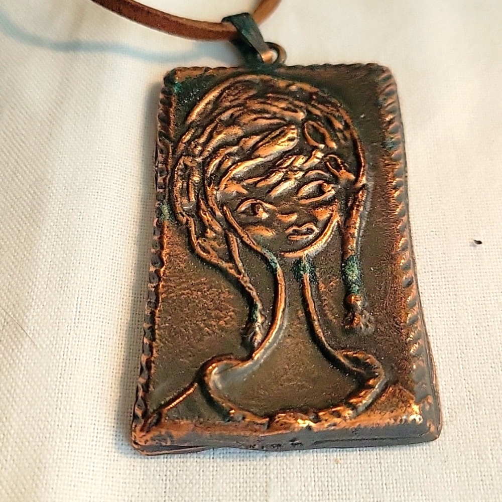 70s vintage copper necklace on a leather cord